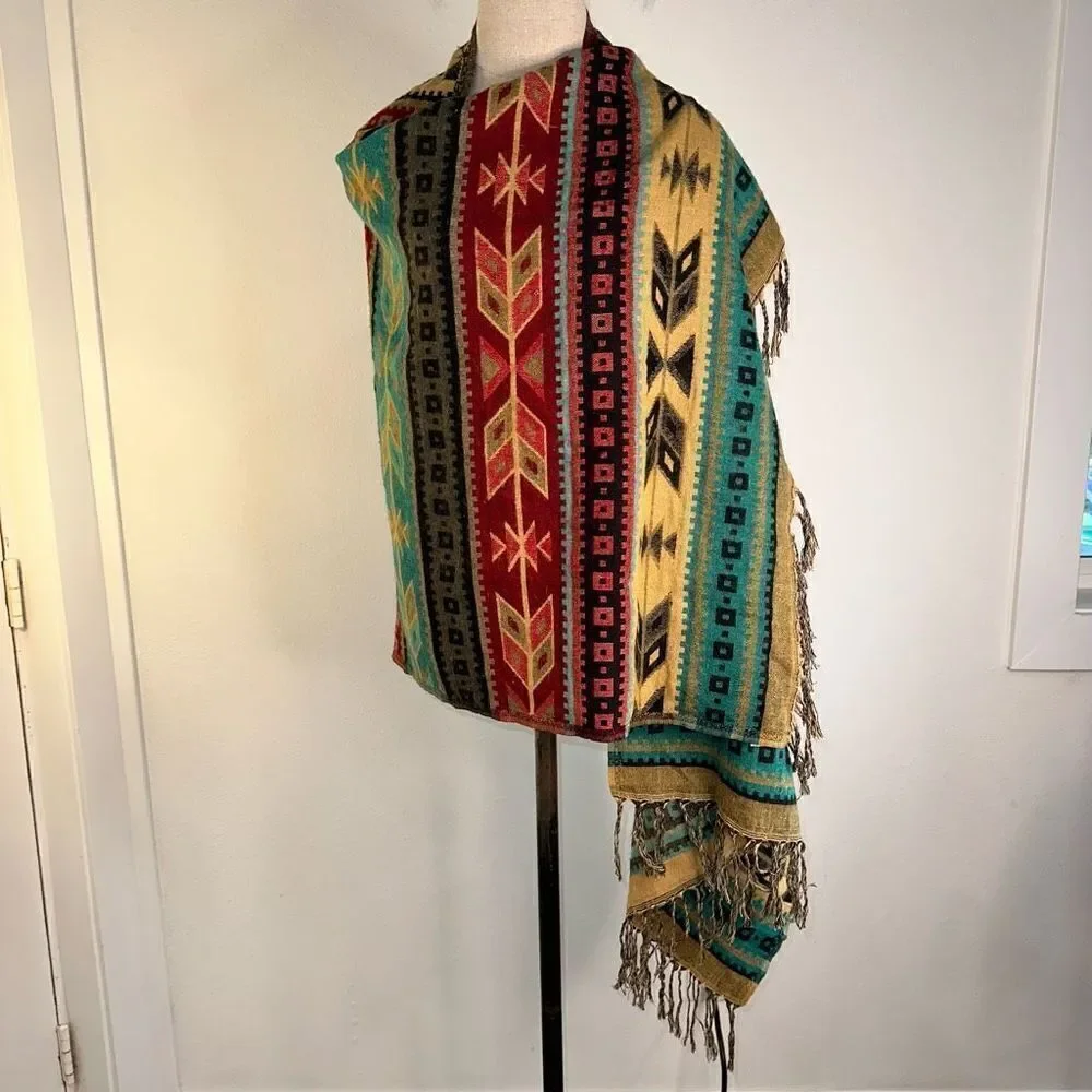 Southwestern‎ Vintage Yarn Woven Sweater Shawl Scarf Colorful Bohemian Fringe